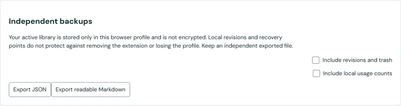 PhraseShelf backup and recovery settings